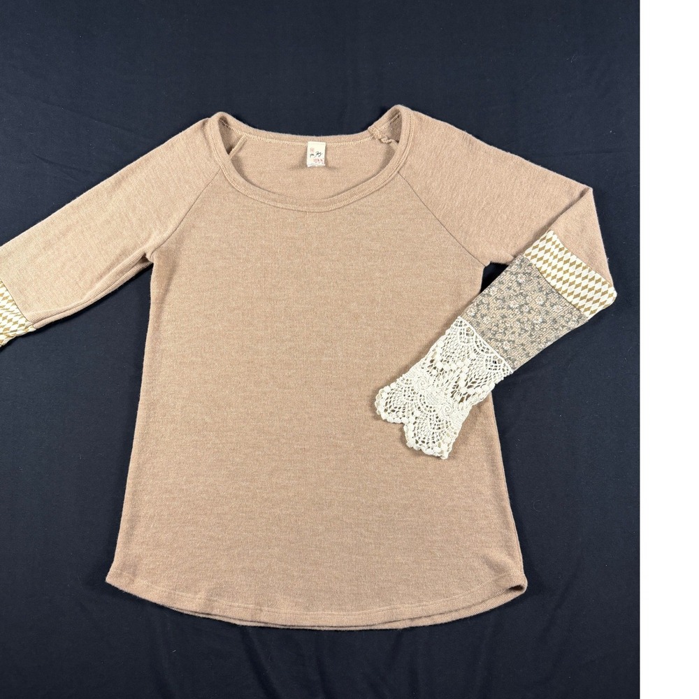 7th Ray Mixed Media Crochet Lace Raglan Knit Top Tan Medium Boho Floral